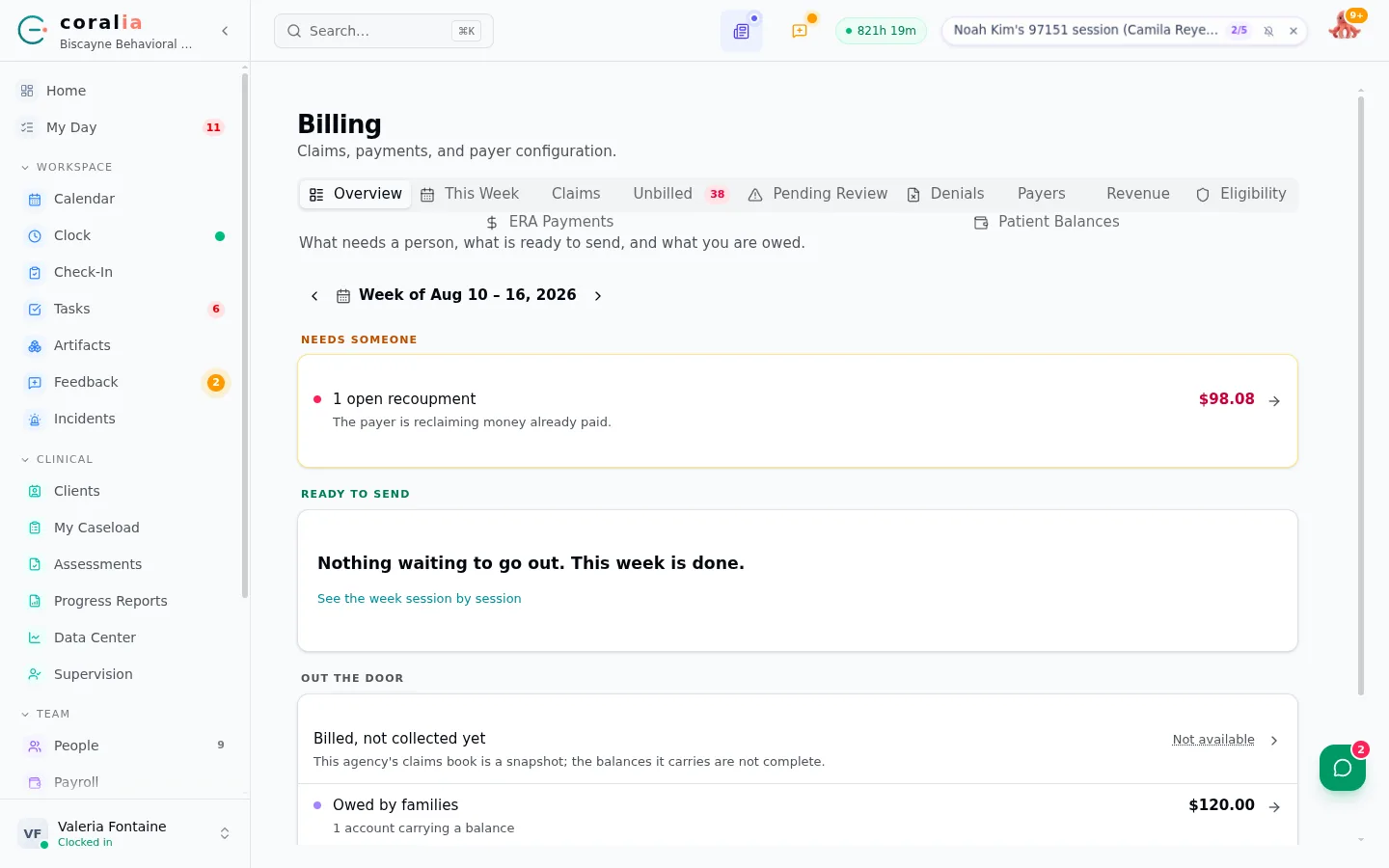Coralia billing overview grouping the week into what needs a person, what is ready to send, and what has been billed but not collected.